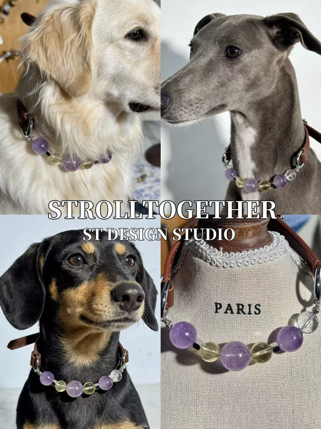 Tranquil Glow" Crystal Collar | Amethyst & Citrine Full-Grain Leather Collar「28～33.5cm」