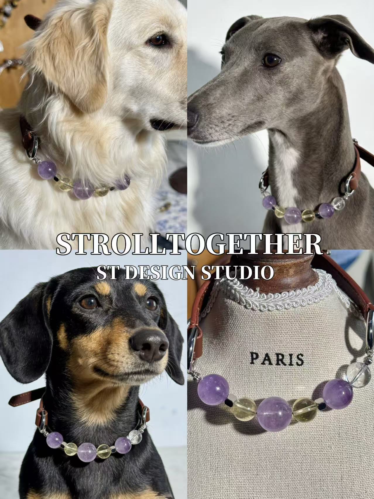 Tranquil Glow" Crystal Collar | Amethyst & Citrine Full-Grain Leather Collar「28～33.5cm」
