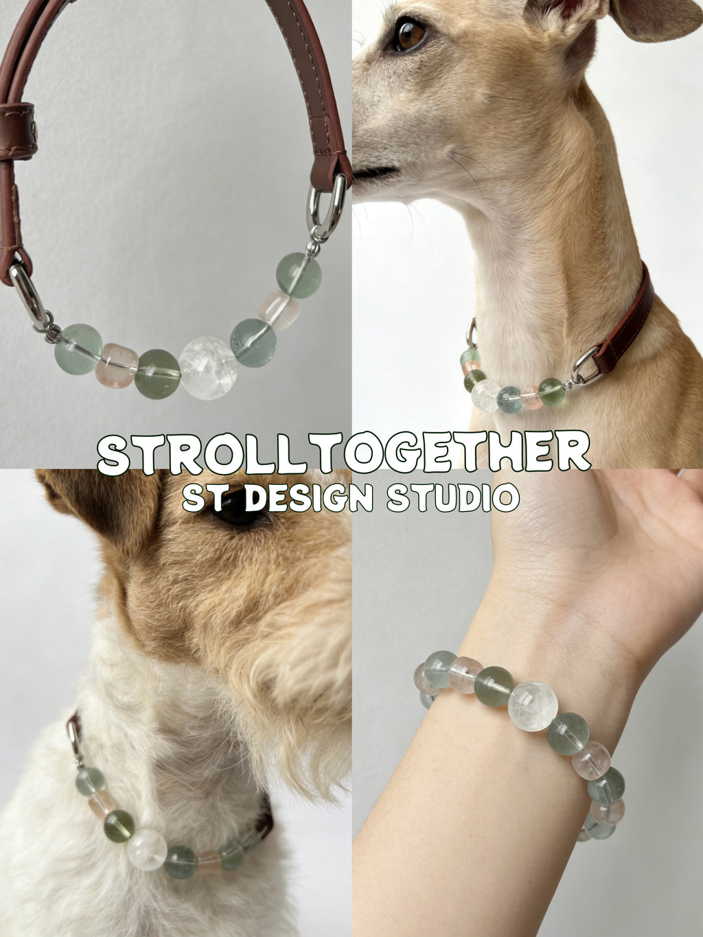 Spring Whisper｜Matching Crystal Set for You & Your Pet Clear Quartz+Green Fluorite+White Phantom Quartz「26-31.5cm」