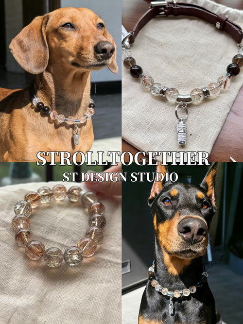 Ebony Grove Crystal Collar | Black Rutilated + Clear Quartz + Smoky Quartz Pet Collar「Neck Size：34-40cm」
