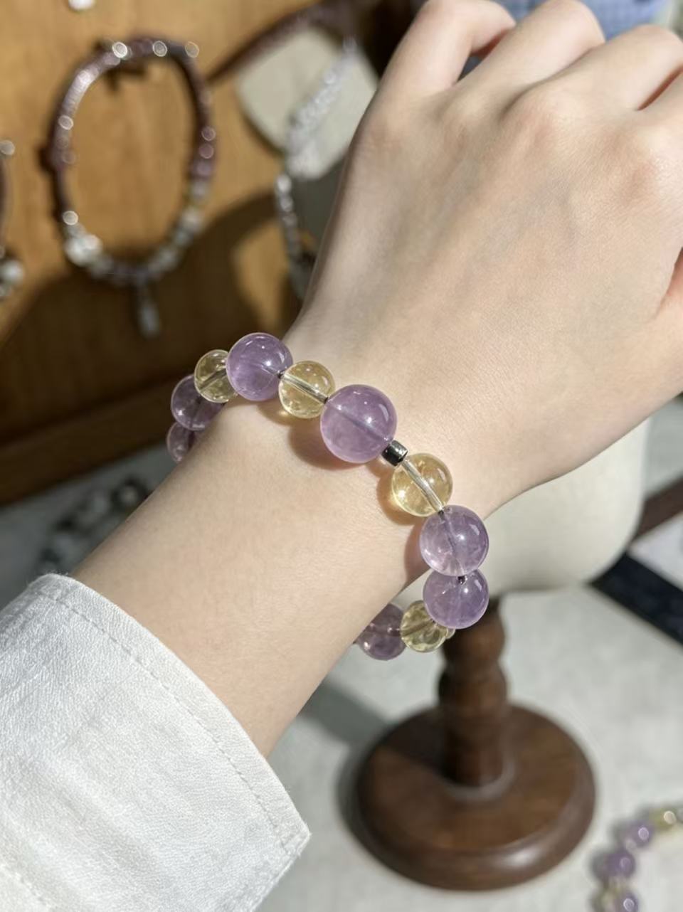 Tranquil Glow" Crystal Collar | Amethyst & Citrine Full-Grain Leather Collar「28～33.5cm」