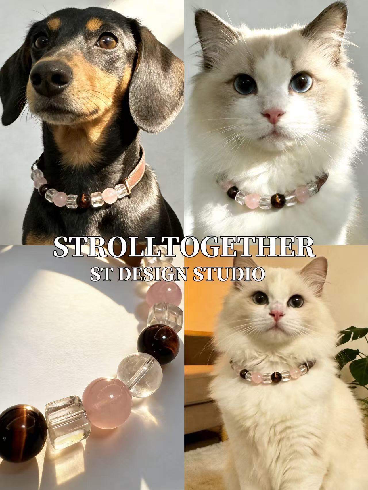 Love Bond|  Matching Crystal Collar for Pets & Owners Rose Quartz, Red Tiger's Eye & Clear Quartz「32.5～38.5cm」「28.5～34.5cm」