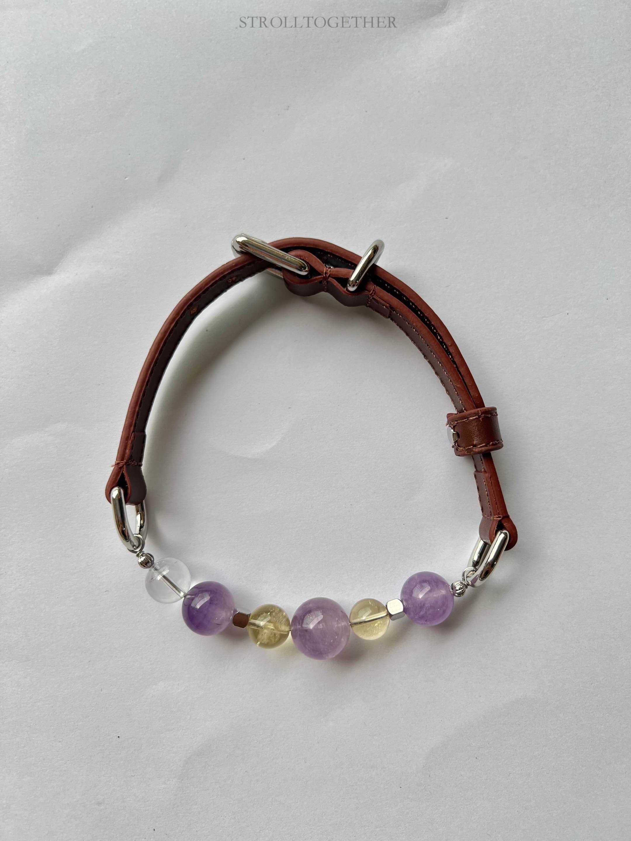 Tranquil Glow" Crystal Collar | Amethyst & Citrine Full-Grain Leather Collar「28～33.5cm」